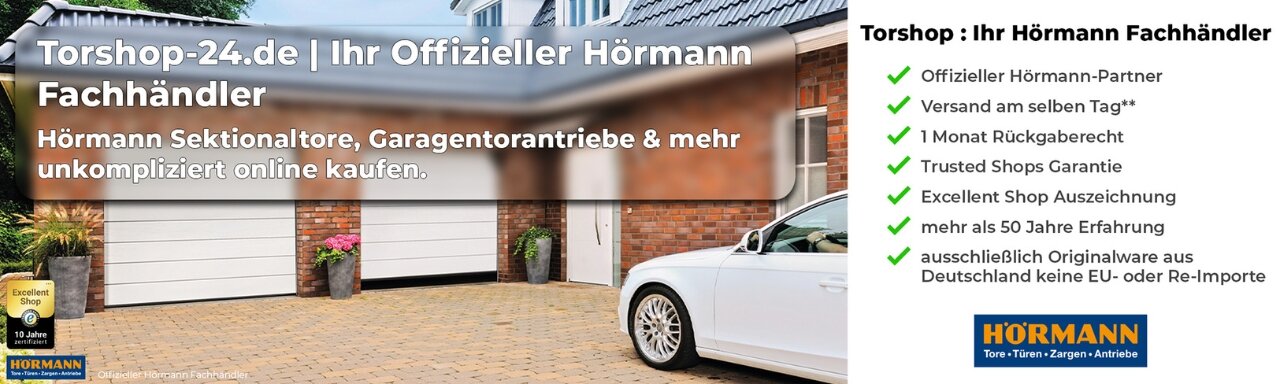 Banner - auf der linken Seite sieht man Garagen und ein davor stehendes Auto. Auf der rechten Seite sind dir Vorteile von Torshop-24 aufgelistet